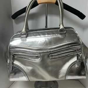 Hogan Made in Italy Silver Genuine Leather Satchel Bowling Style Handbag Purse